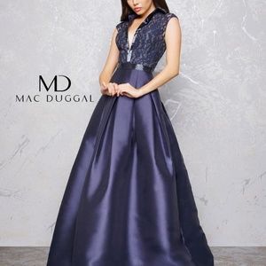 Mac Duggal Navy Satin Lace Gown Sz 14